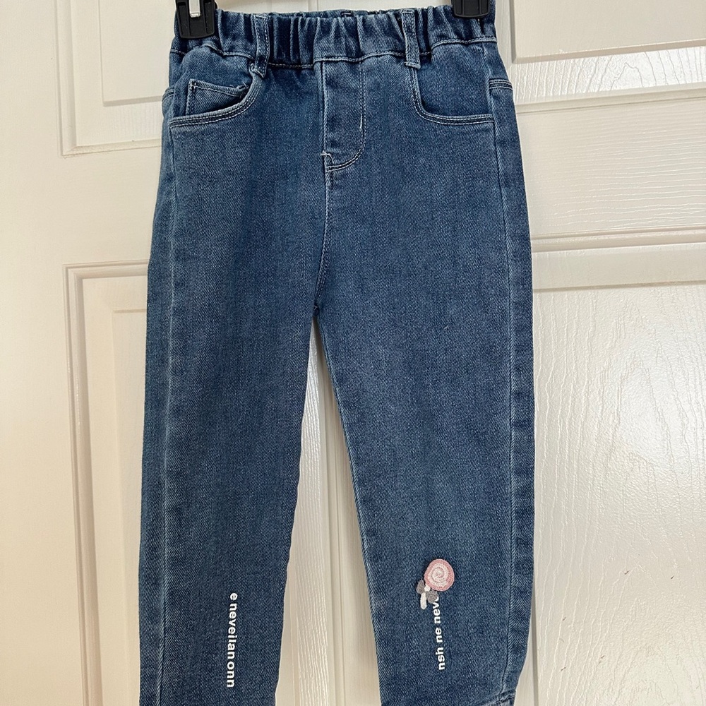 Dark Wash Girls Denim Joggers with Flower Embroidery (size 120)